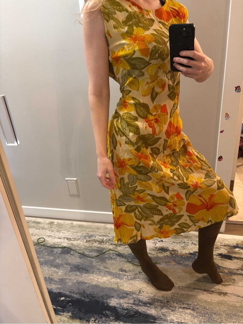 Vintage Floral Sleeveless Midi Dress in Yellow & Olive